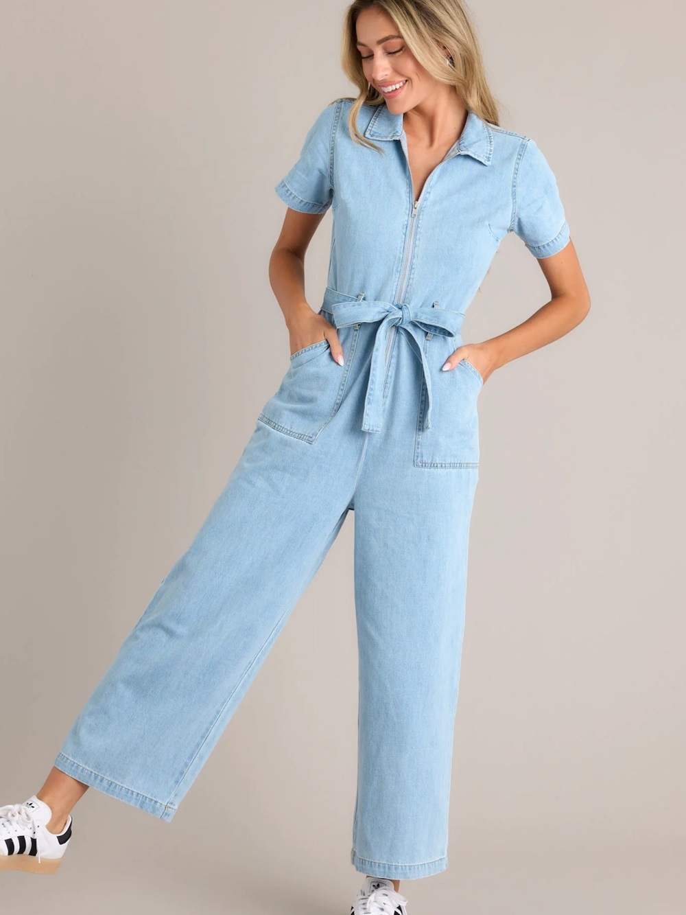 Miou Muse Light Blue Denim Jumpsuit with Tie Belt